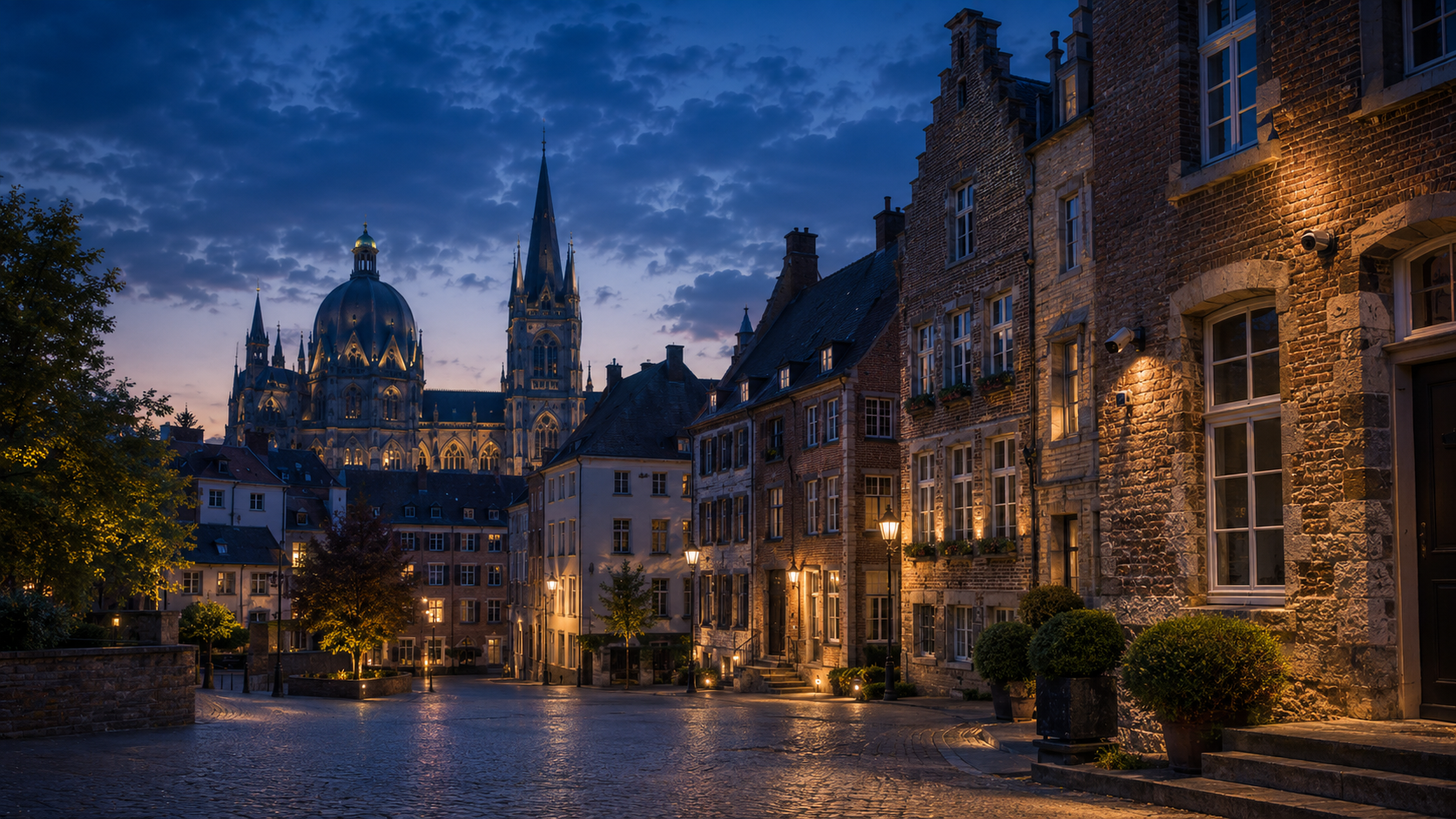 Aachener Altstadt bei Abendlicht mit sichtbar installierter Sicherheitstechnik am Wohnhaus